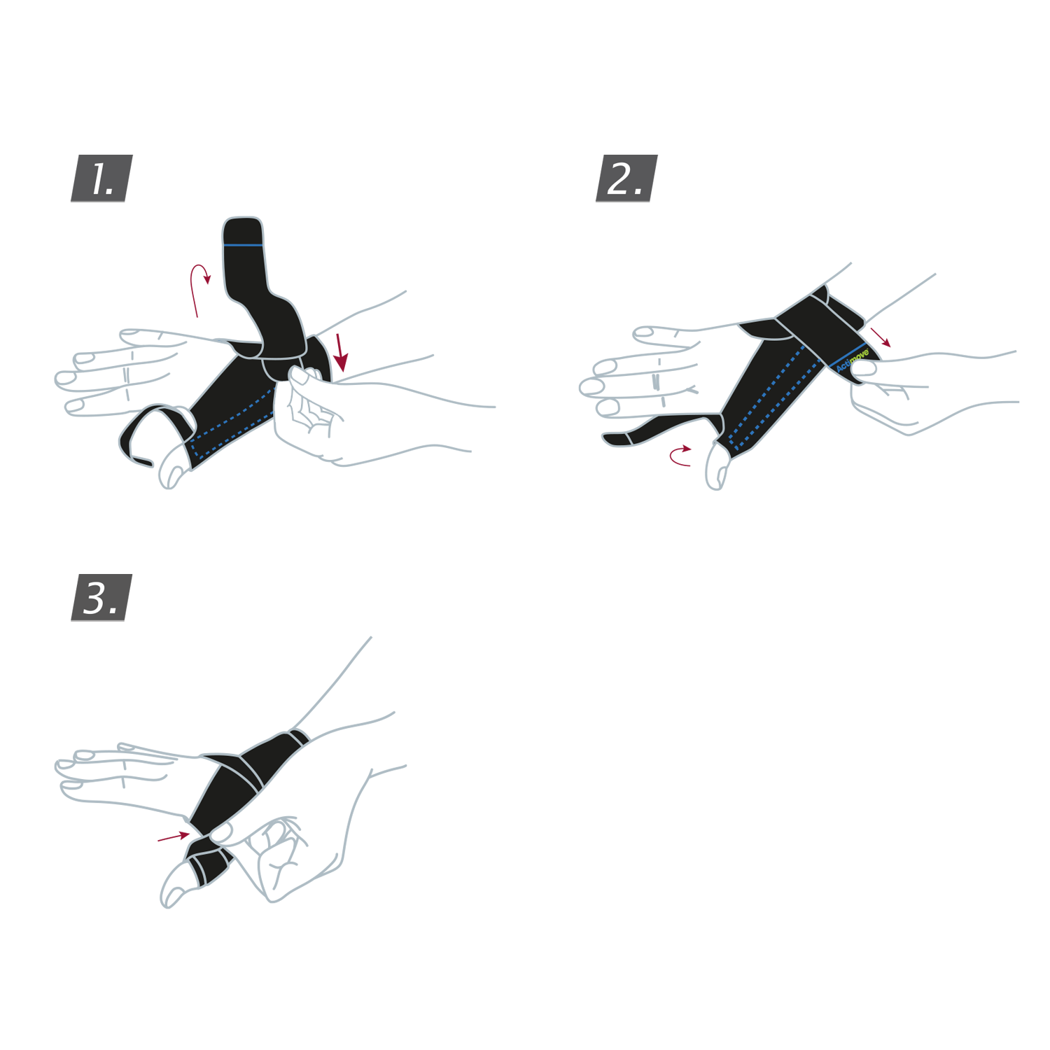 How to put on the Actimove Sports Edition Thumb Stabilizer: Slide your hand through the stabilizer and secure the straps
 How to put on the Actimove Sports Edition Thumb Stabilizer: Slide your hand through the stabilizer and secure the straps